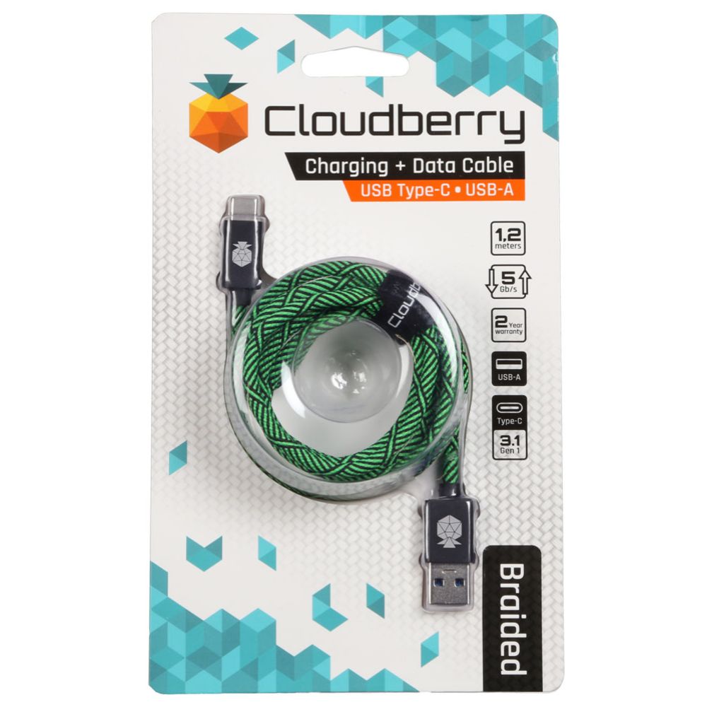 Cloudberry USB-A USB-C vastupidav andmekaabel, must/roheline, 1,2 m