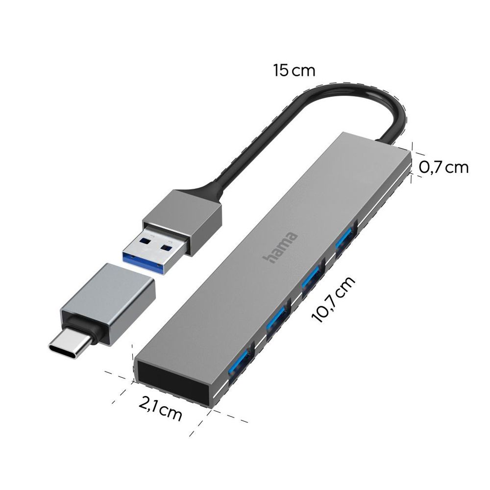 Hama USB-hubi, 4-porttinen, USB-A + USB-C adapteri, Ultra-Slim, USB 3.2 Gen 1, 5 Gbit/s
