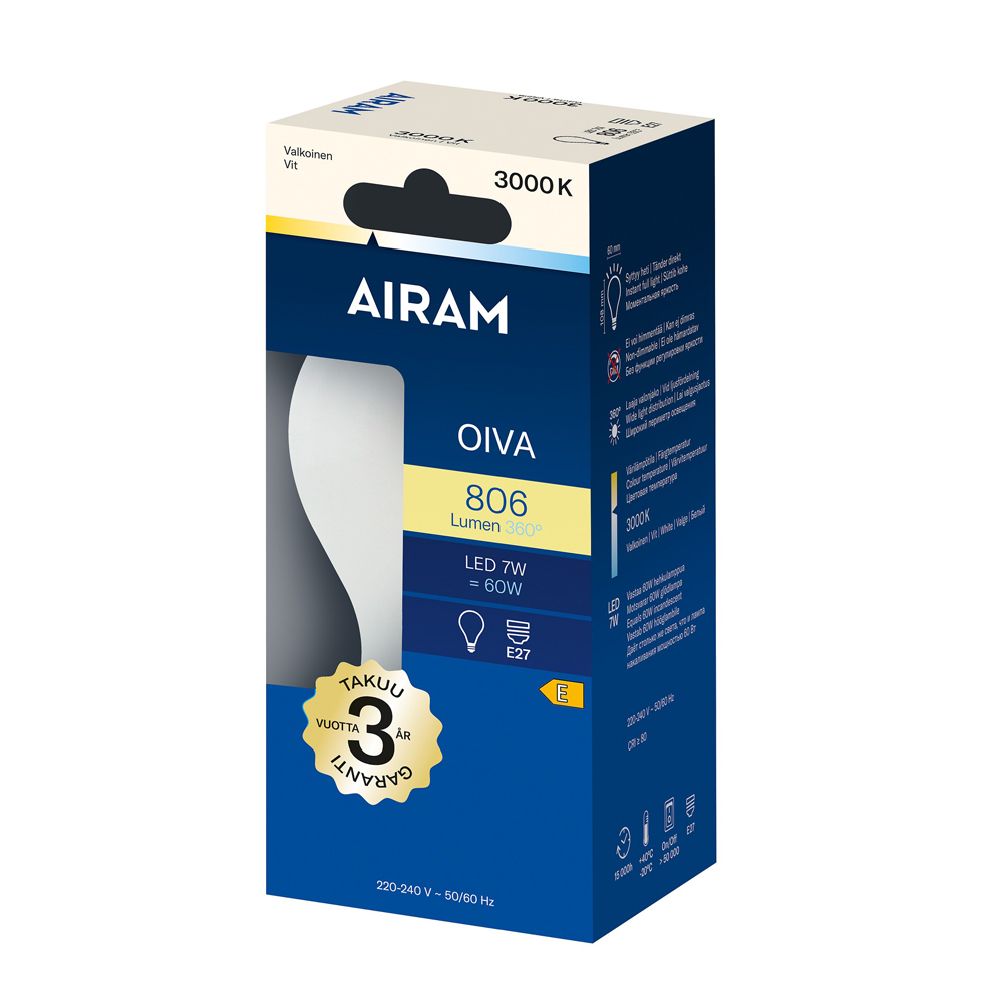Airam Oiva LED-standardkupollampa A60 E27 7 W 806lm 3000K