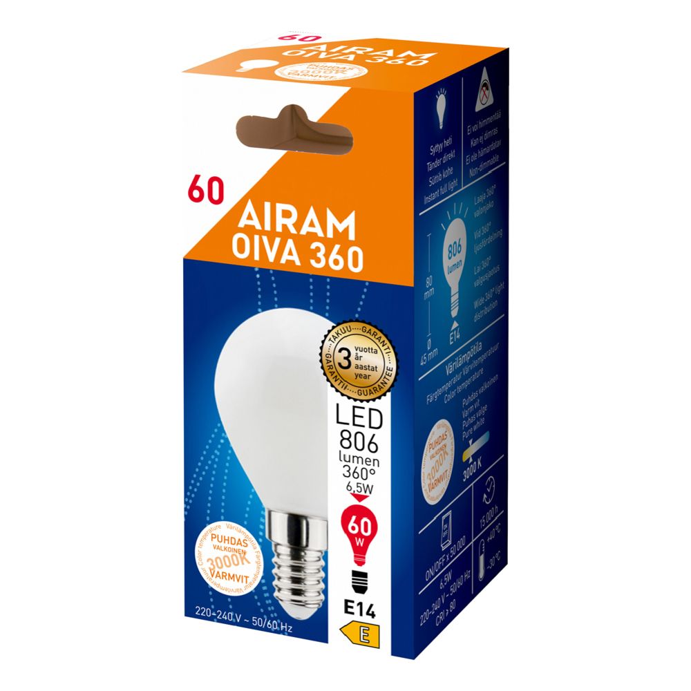 Airam Oiva LED-filamentlampa P45 E14 6,5W 806lm 3000K IP20