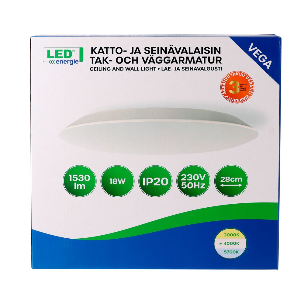 Led Energie VEGA kattovalaisin 18 W Ø 280 mm 1530 lm 4000 K IP20