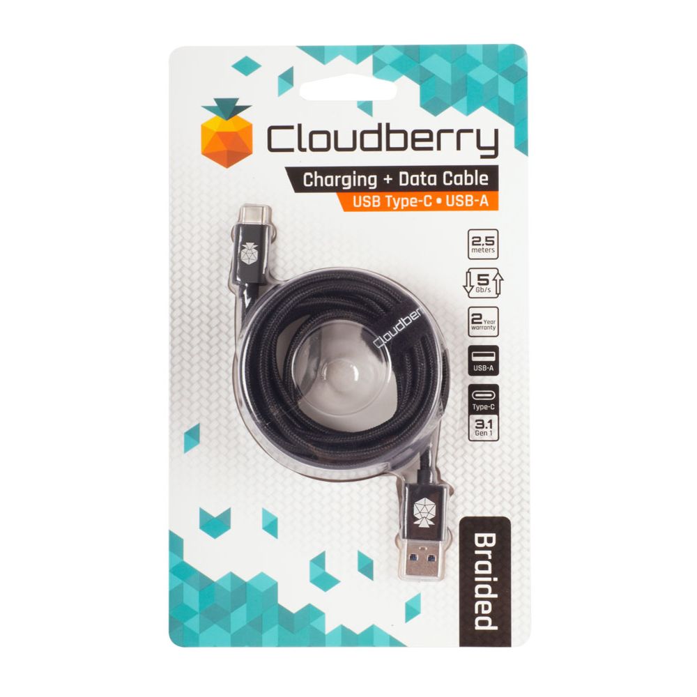 Cloudberry USB-A - USB-C vahvarakenteinen datakaapeli 2,5 m musta