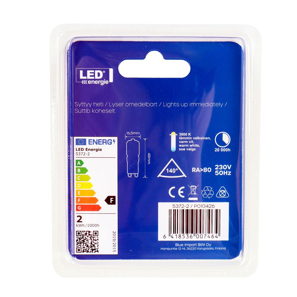 LED-lamp, G9, 2 W, 3000 K, 170 lm, 2 tk