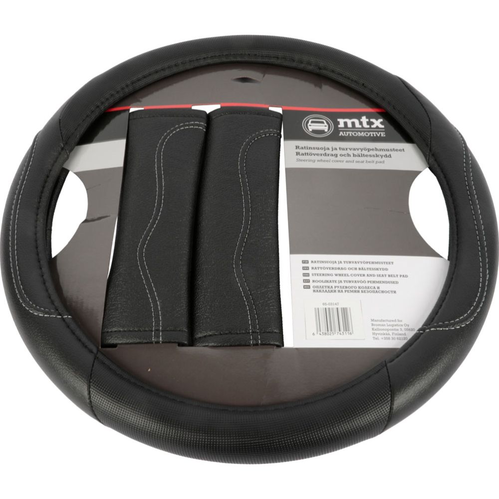 MTX Automotive ratinsuoja ja turvavyönpehmusteet musta / vaaleat ompeleet 37-39 cm