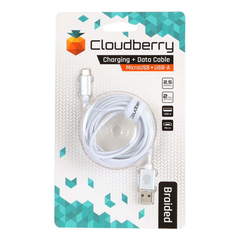 Cloudberry USB-A - MicroUSB vahvarakenteinen datakaapeli 2,5 m valkoinen